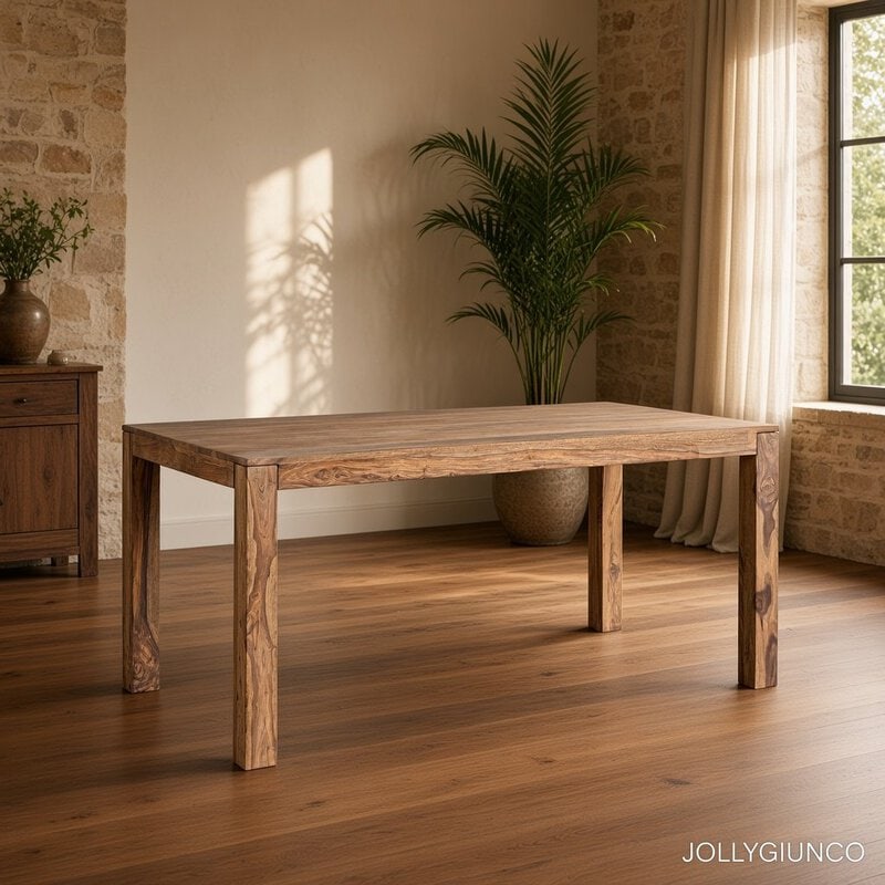 Rustic wooden dining table in a sunlit room with stone walls and a tall potted plant by a window.