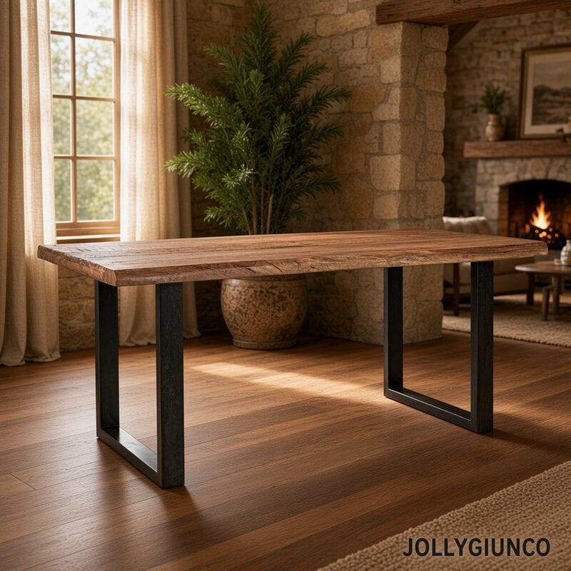 Rustic wooden table with black metal legs in a cozy living room beside a stone fireplace and large window.