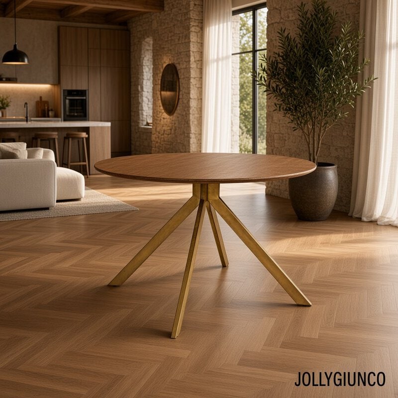 Open-plan living space with a round wooden table on gold legs in front of a large plant and windows that let in natural light.