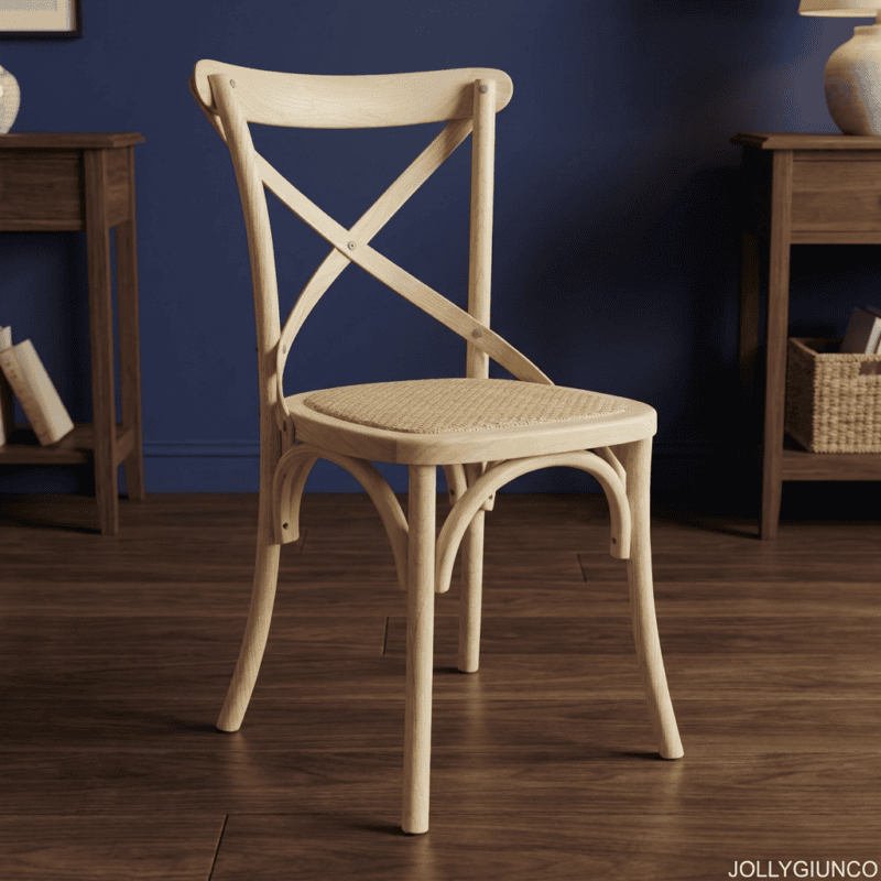 Light wood chair with a woven seat on a dark hardwood floor against a blue wall.