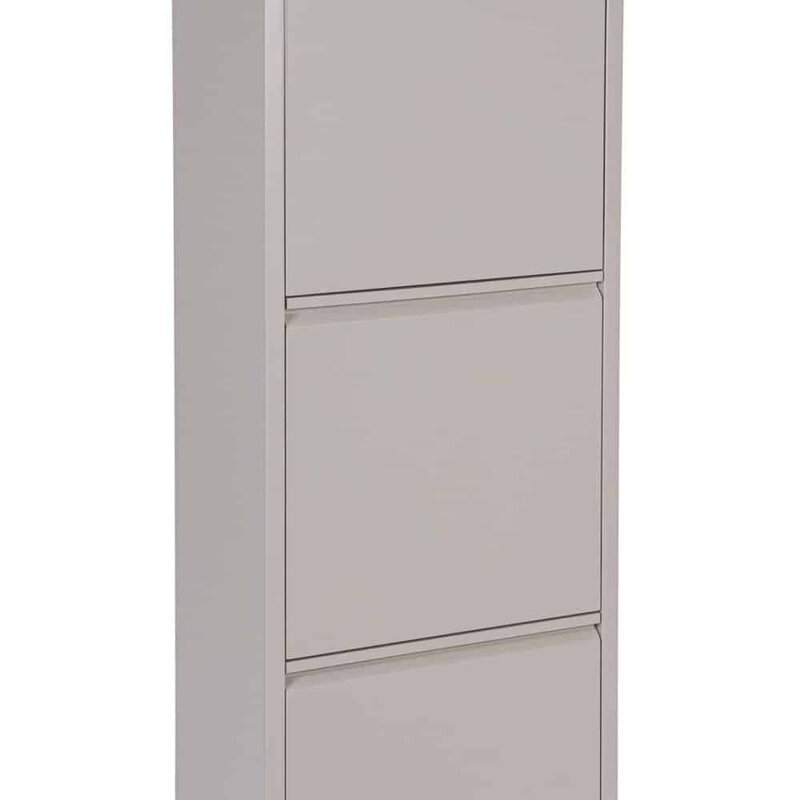 Armadio in metallo grigio, soluzione salvaspazio per ufficio e archivio.