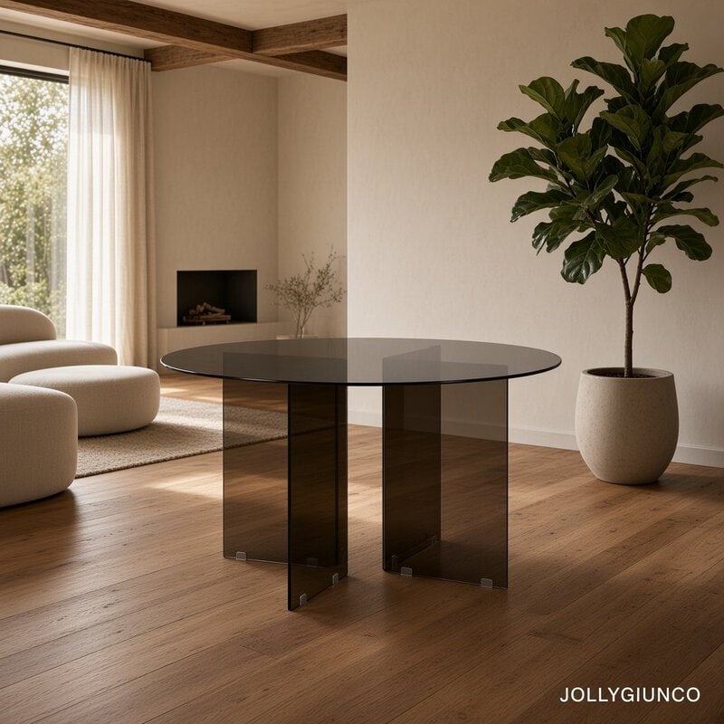 Modern living room with a round smoked-glass table and sculptural dark acrylic legs, beige seating, and a large potted plant by the wall.