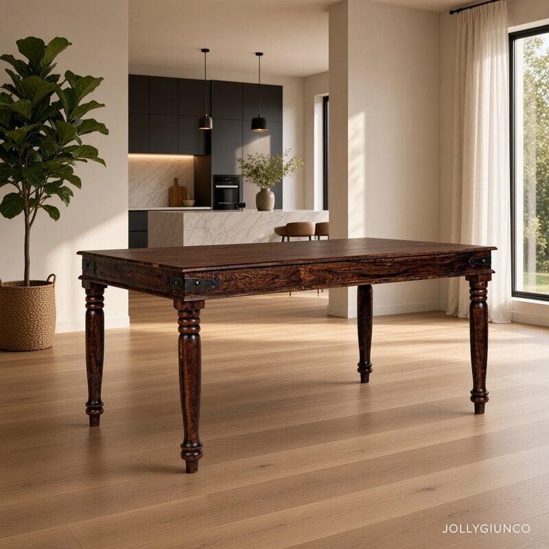 Dark, antique wooden table with carved legs in a bright open-plan kitchen and living area with a potted plant nearby