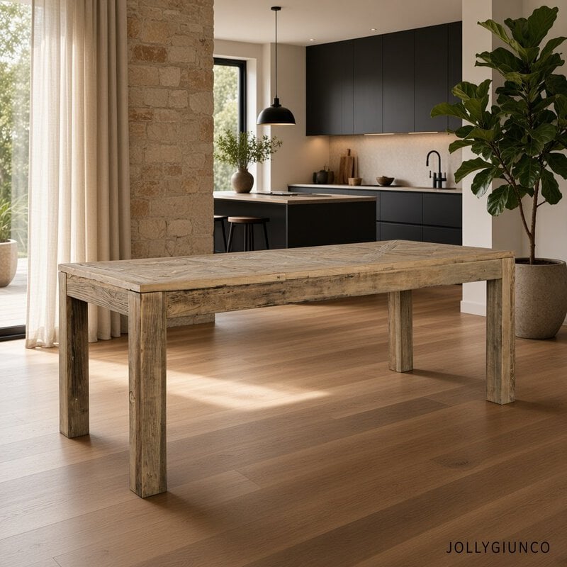 Rustic wooden dining table in a bright modern kitchen with a stone pillar and a large potted plant on the side.