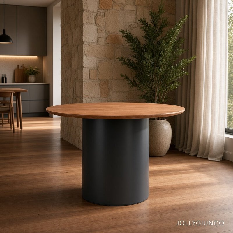 Round wooden-top table with a dark cylindrical base in a modern living space, near a stone wall, plant, and sheer curtains.
