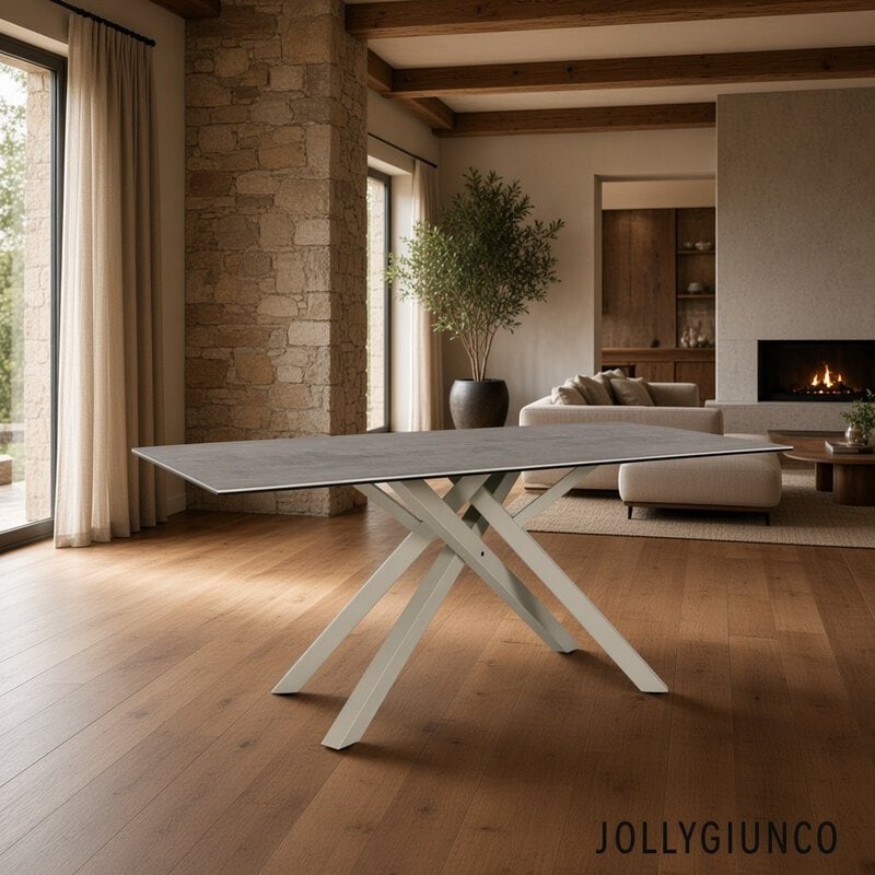 Modern table with white crisscross legs in a bright living room featuring a stone wall, plant, and fireplace in the background.