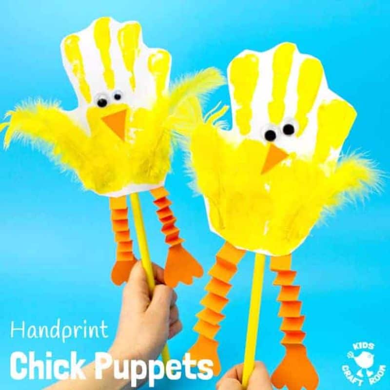 chick puppets made with handprints