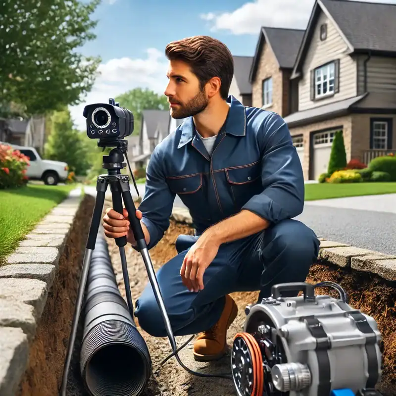 ​An image depicting a professional plumber inspecting a sewer line in a Westchester County residential area, emphasizing the importance of regular maintenance and adherence to local regulations.