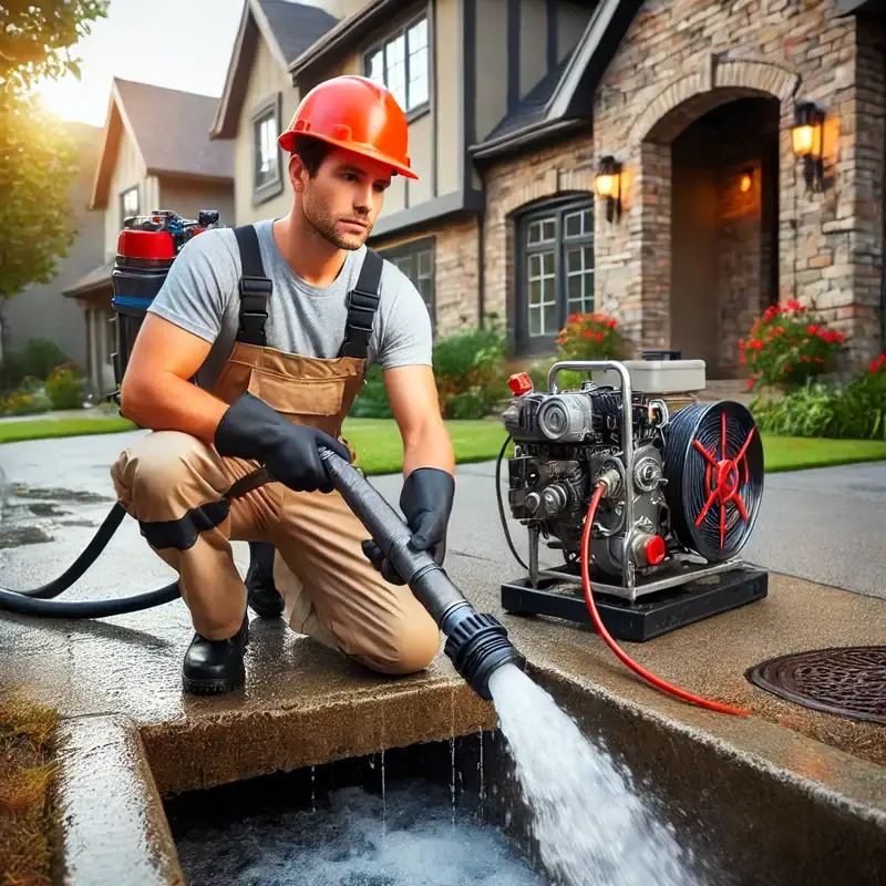 A professional plumber using hydro jetting equipment to clear a clogged residential drain in Westchester County, New York. The plumber is wearing safety gear and using high-pressure water to clean the pipes in a suburban home.