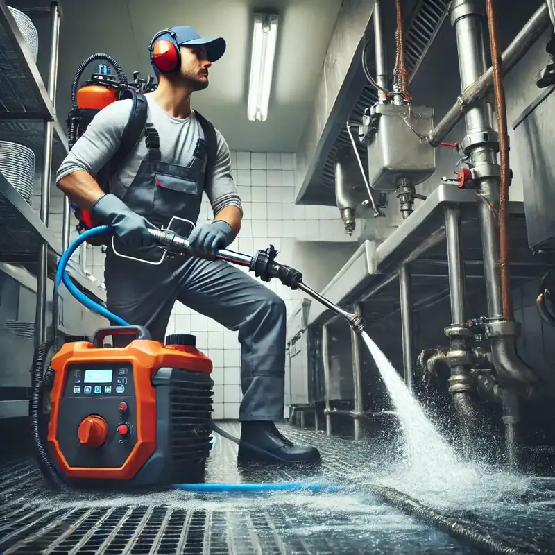 A professional plumber using hydro jetting equipment to clear a commercial drain in a restaurant kitchen. The plumber is wearing safety gear and using high-pressure water to clean the pipes in a busy commercial setting, emphasizing the importance of drain maintenance for businesses.
