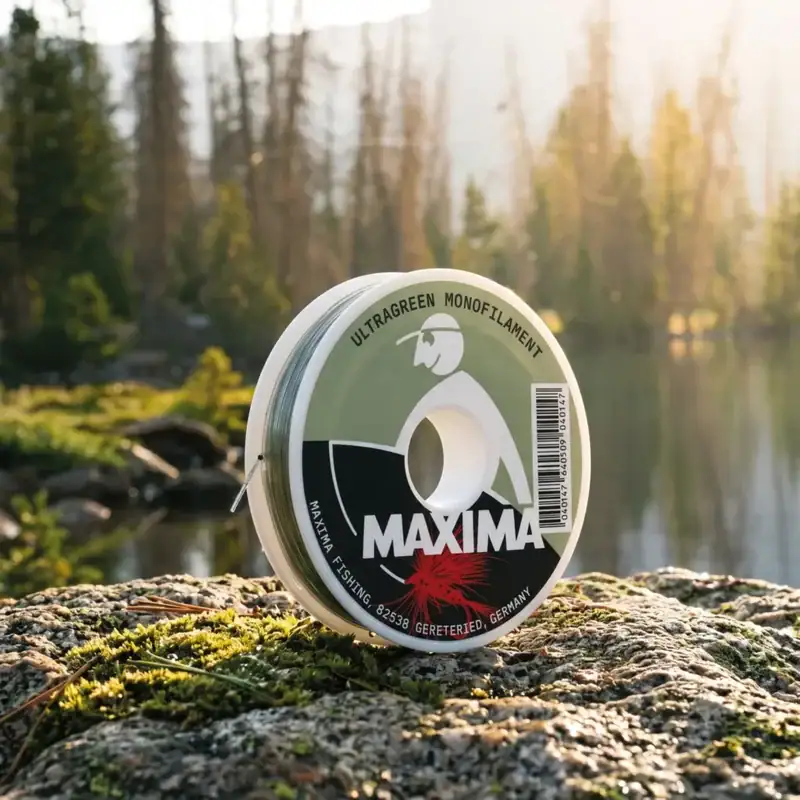 Maxima Ultragreen fly fishing monofilament spool on a rock by a sunlit forest river