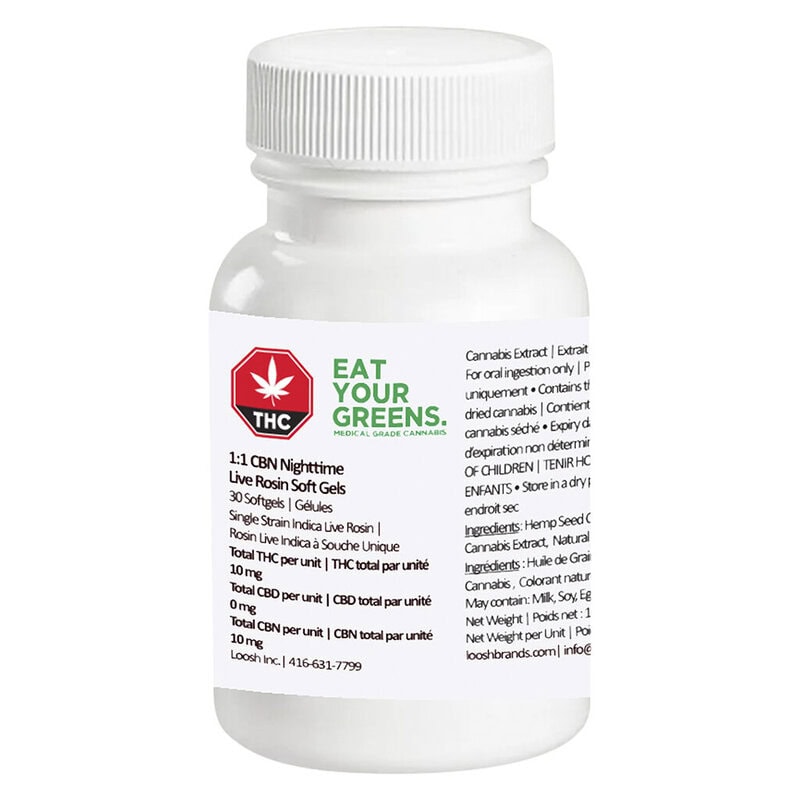 1:1 CBN Nighttime Live Rosin Soft Gels 30 Pack EAT YOUR GREENS Indica Montrose Cannabis
