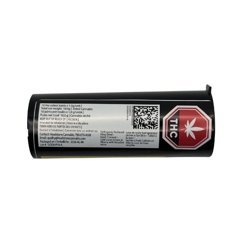 Headstone Cannabis 10 Toke 10 Pre-Rolls 10x1g pack featuring Godzilla indica strain flower.