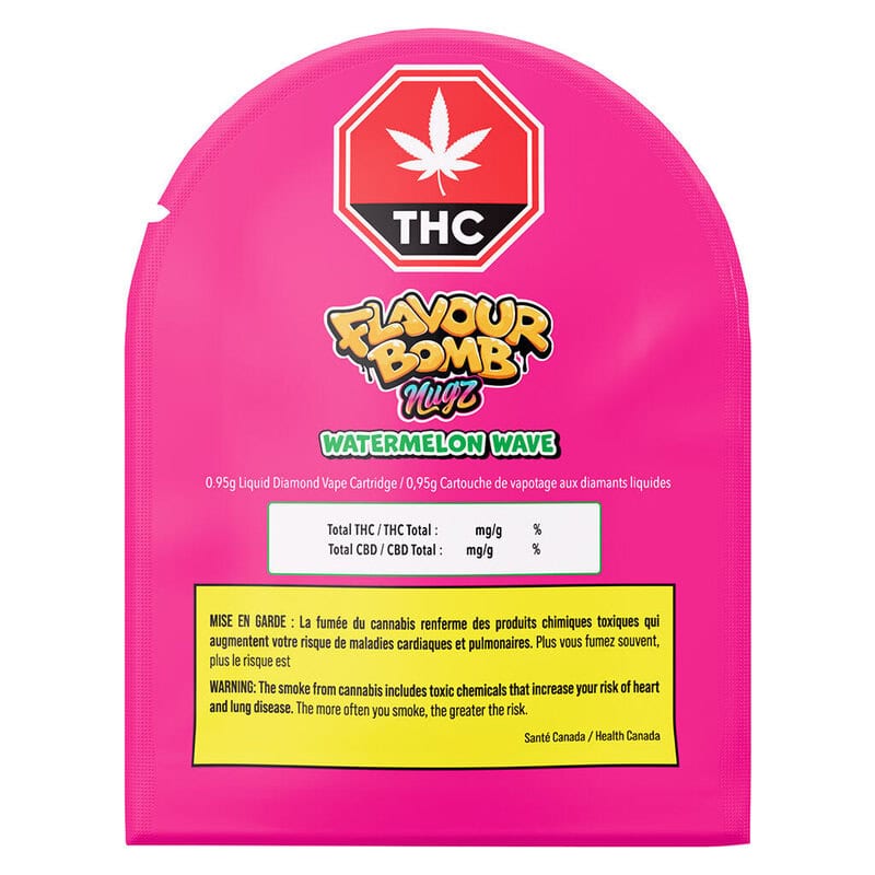 Flavour Bomb Watermelon Wave Liquid Diamond 510 0.95g high-potency hybrid vape cartridge by Nugz, available for local delivery from Montrose Cannabis.