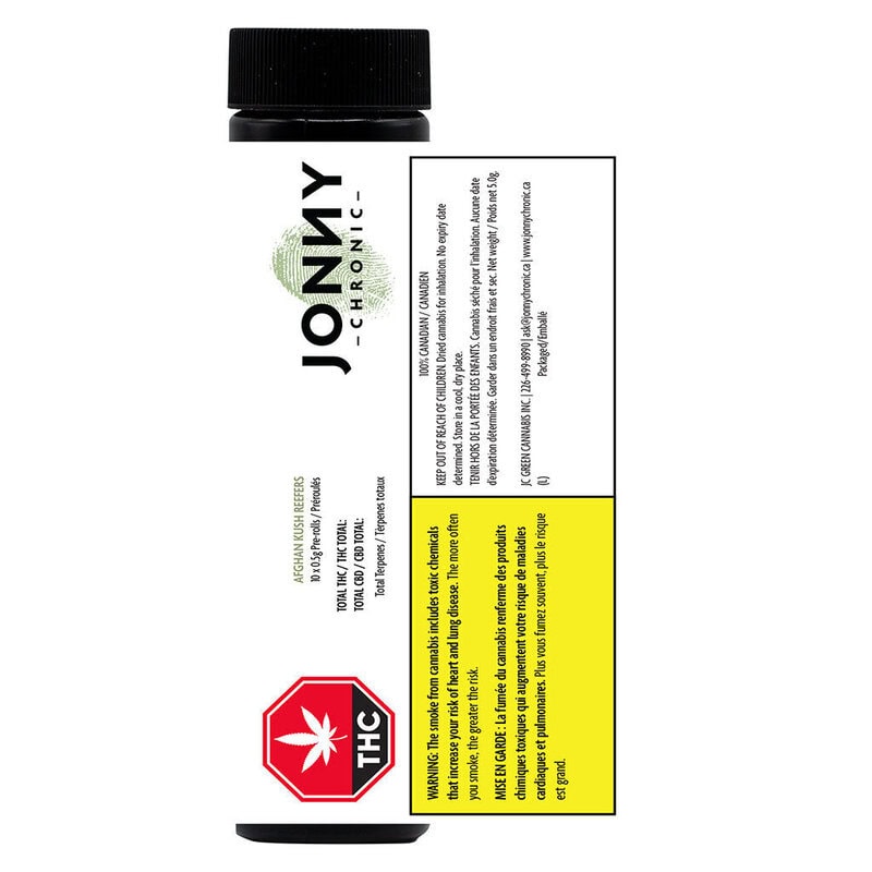 Afghan Kush Reefers Pre-Rolls 10 Pack by Jonny Chronic. Premium 10x0.5g indica joints featuring landrace earthiness & whole flower at Montrose Cannabis.