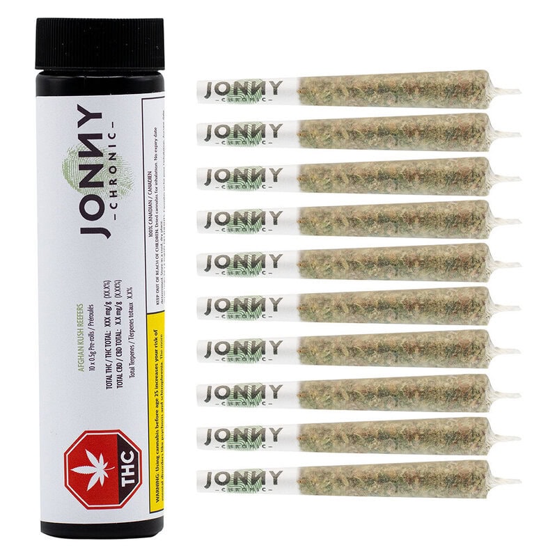 Afghan Kush Reefers Pre-Rolls 10 Pack by Jonny Chronic. Premium 10x0.5g indica joints featuring landrace earthiness & whole flower at Montrose Cannabis.