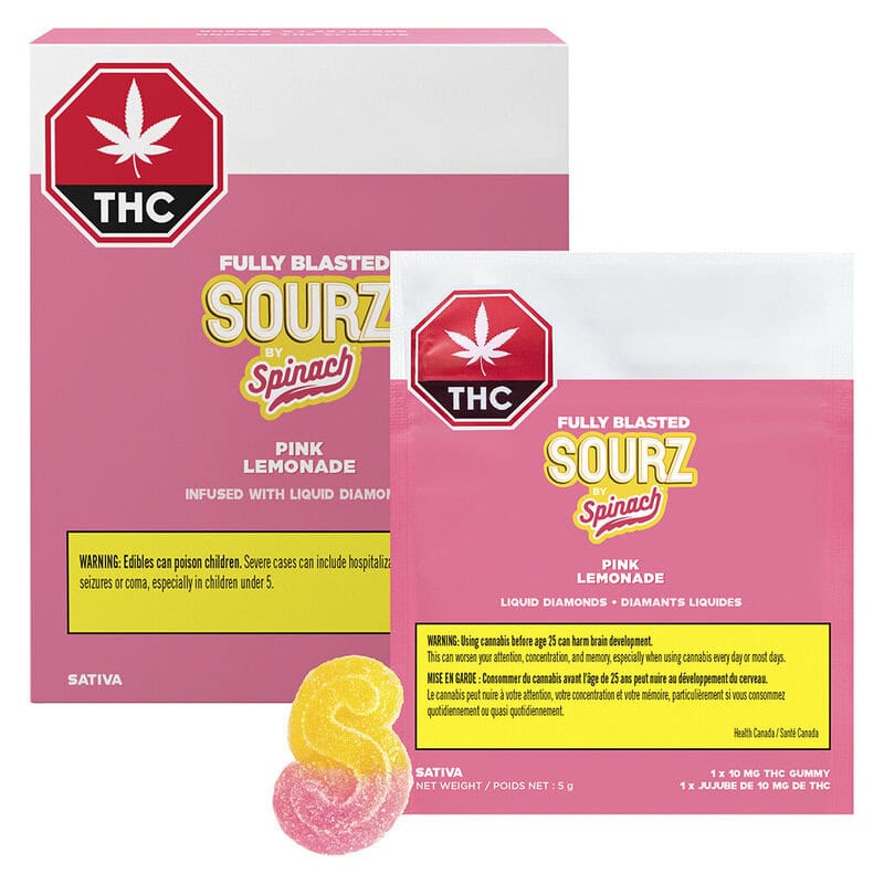 Fully Blasted Pink Lemonade bulk 10-pack sativa soft chews by SOURZ by Spinach, available for local delivery from Montrose Cannabis.