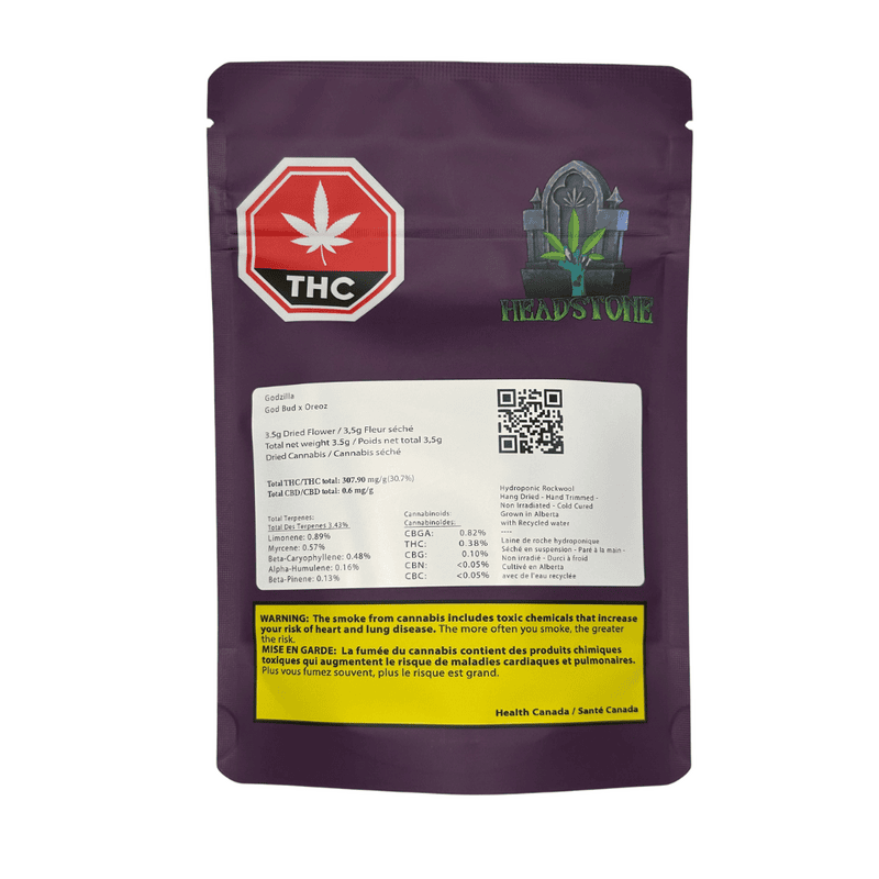 Headstone Cannabis Godzilla 3.5g dried flower container showing dense, frosty, non-irradiated craft indica buds.