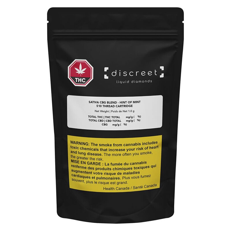 Hint of Mint CBG Blend 510 by Discreet. Premium sativa vapes featuring mint flavor, 77-83% THC, liquid diamonds, and CBG isolate at Montrose Cannabis.