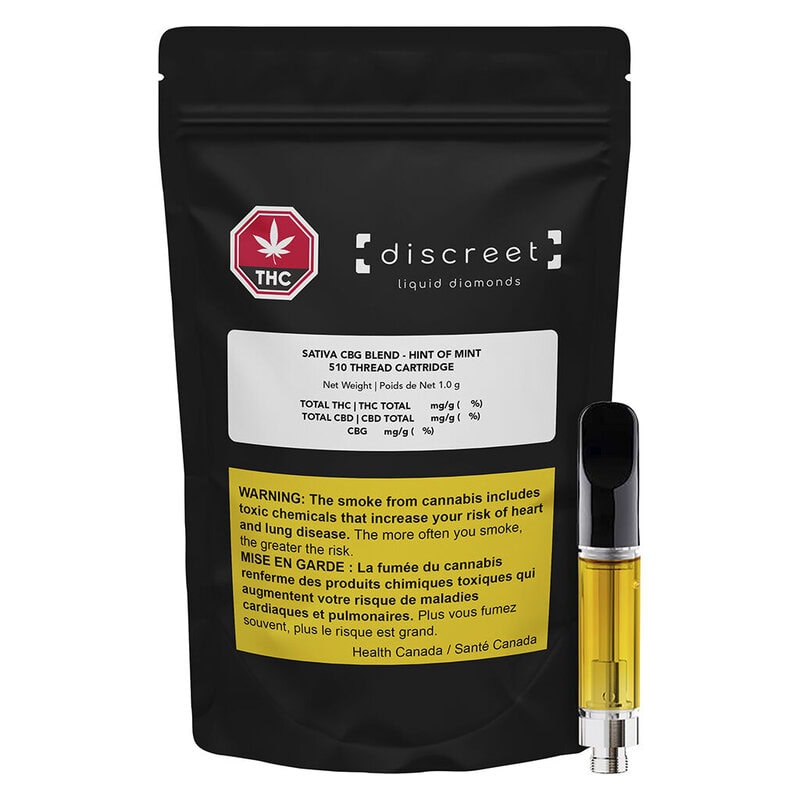 Hint of Mint CBG Blend 510 by Discreet. Premium sativa vapes featuring mint flavor, 77-83% THC, liquid diamonds, and CBG isolate at Montrose Cannabis.