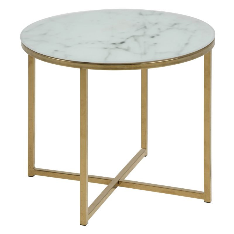 MESA AUXILIAR CRISTAL TEMPLADO ESMERILADO, BASE ACERO DORADO. DIMENSIONES: 50X50X42