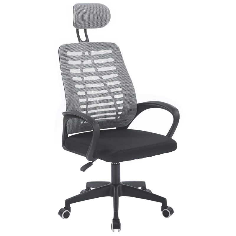 SILLÓN GIRATORIO CON REPOSACABEZAS, TRANSPIRABLE: NEGRO / GRIS. DIMENSIONES: 58,5X56X106-116 CM