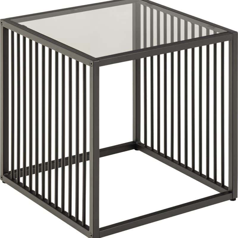 MESA AUXILIAR CUADRADA, CRISTAL AHUMADO Y ESTRUCTURA DE ACERO NEGRO MATE. DIMENSIONES: 40X40X40 CM