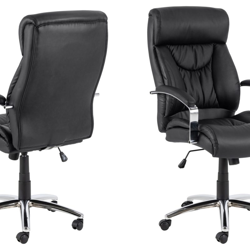 SILLA DE ESTUDIO CON REPOSABRAZOS TAP. PU NEGRO, BASE DE 5 RADIOS ACERO CROMADO.