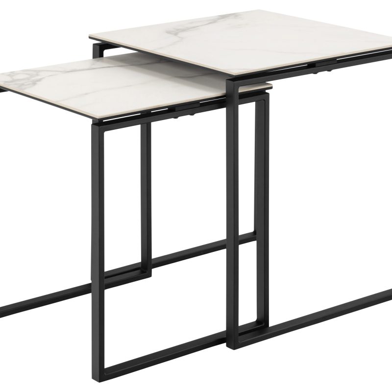 MESA AUXILIAR (JUEGO DE 2), TABLERO DE CERÁMICA RUGOSA, BASE ACERO NEGRO MATE. DIMENSIONES: 50X50X55
