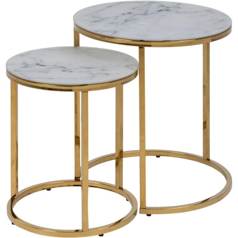 MESA AUXILIAR CRISTAL TEMPLADO ESMERILADO, BASE ACERO DORADO.