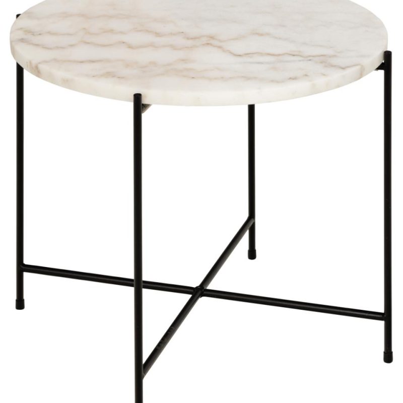 MESA AUXILIAR REDONDA, TABLERO DE MÁRMOL BLANCO PULIDO, BASE: ACERO NEGRO MATE RUGOSO.