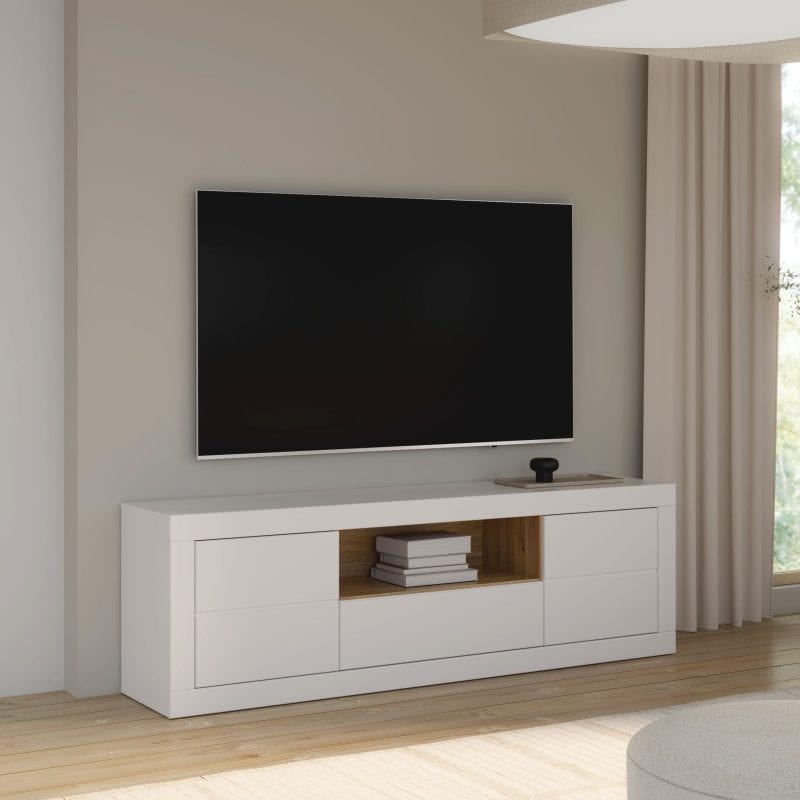 MÓDULO TV 2 PUERTAS 1 CAJÓN 1 HUECO, ACABADO: BLANCO MATE/ROBLE. DIMENSIONES: 195,5X41,4X61,5