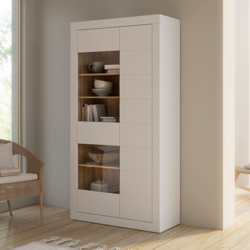 VITRINA 2 PUERTAS. ACABADO: BLANCO MATE/ROBLE. DIMENSIONES:100,8X41,4X195,9