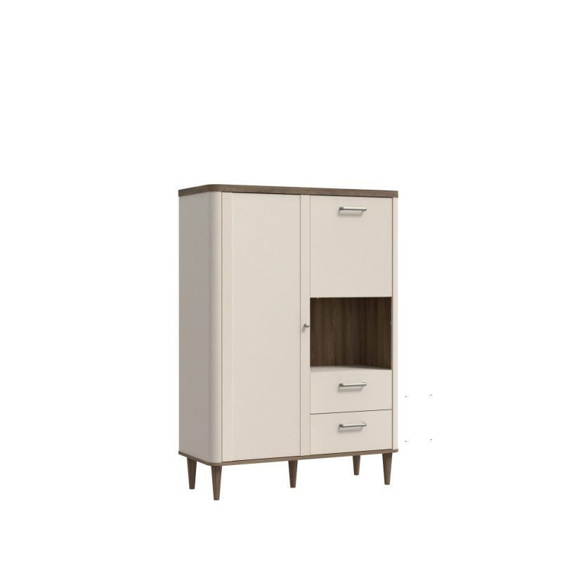 VITRINA 1 PUERTA, 1 PUERTA ABATIBLE, 2 CAJONES. ACABADO: ARENA/NOGAL. DIMENSIONES: 100,1X41,2X142,9