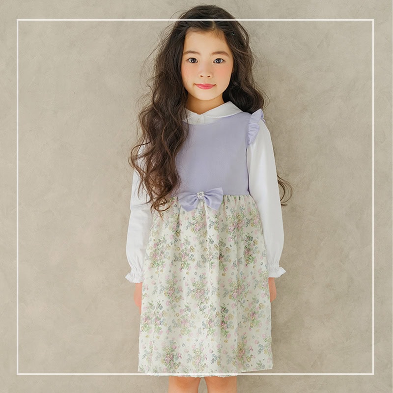 日本製花柄シフォン取り外しリボン付きワンピース