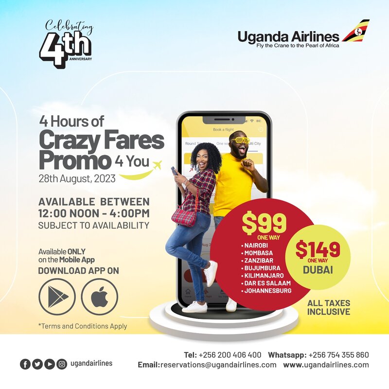 Few Hours to Go As Uganda Airlines offers discounted Air tickets to all its destinations to mark 4th anniversary ug airline 2