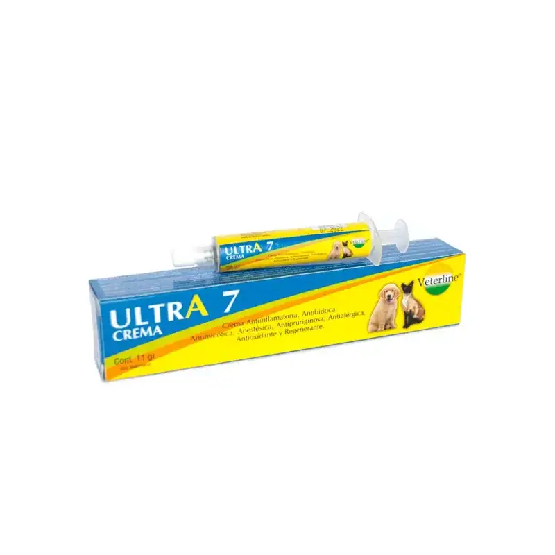 Crema Ultra 7 de Veterline de 11 gr para el tratamiento cutáneo de perros y gatos en Rankana Perú.