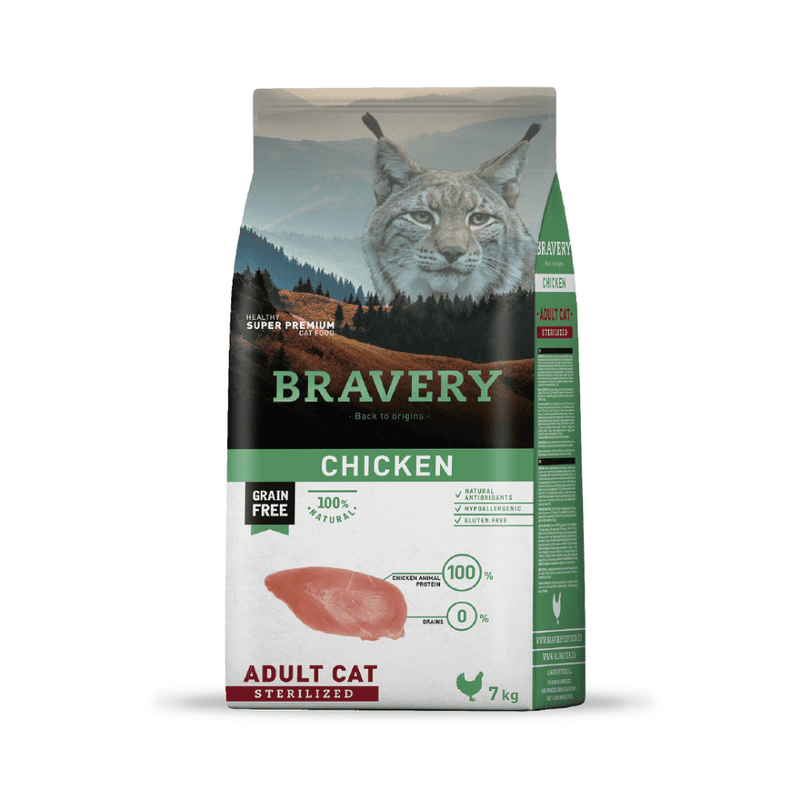 Bolsa de 7kg de alimento súper premium Bravery para gato esterilizado sabor pollo. Fórmula hipoalergénica y grain free disponible en Rankana Pet Shop con envíos a todo el Perú.