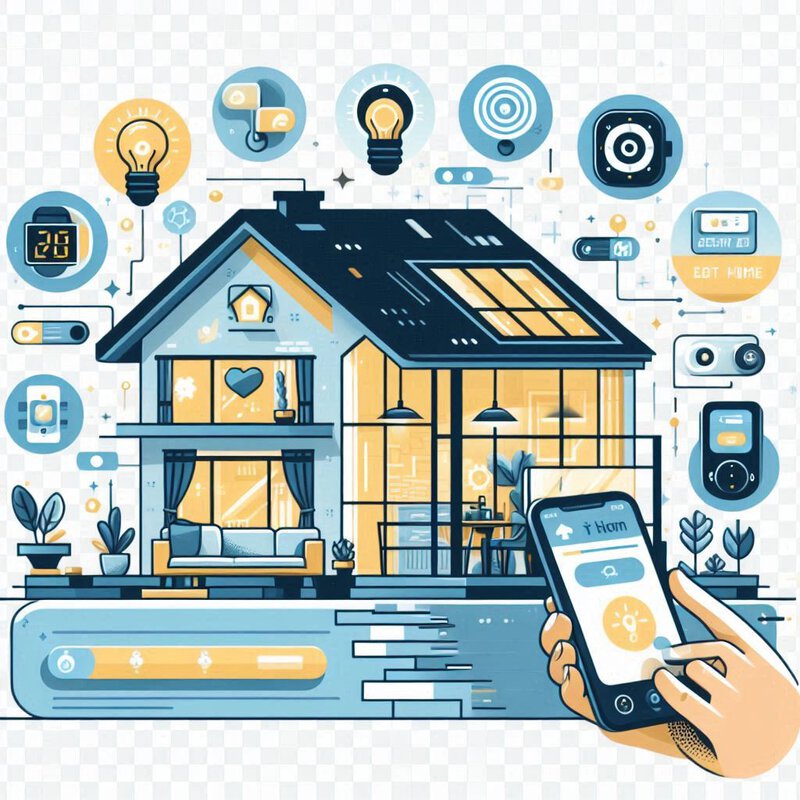 Illustrierte mit smarten Geräten in einem Haus mit einer mobilen Steuerung