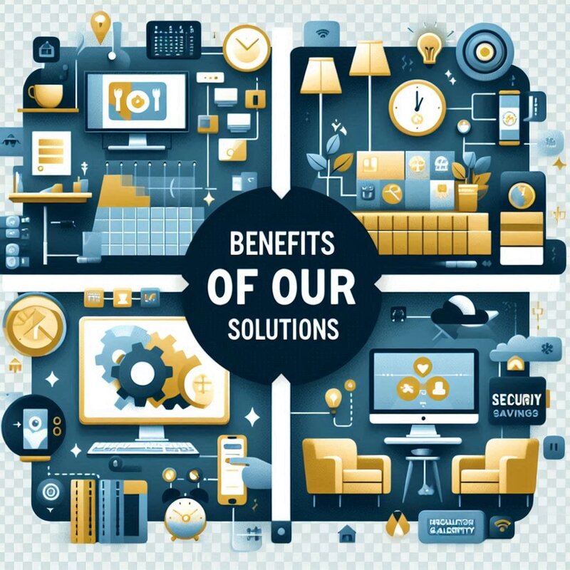 Illustrierte, die die Vorteile unserer Lösungen aufzeigt mit den Themen Produktivität, Energieeinsparung, Sicherheit und Flexibilität.