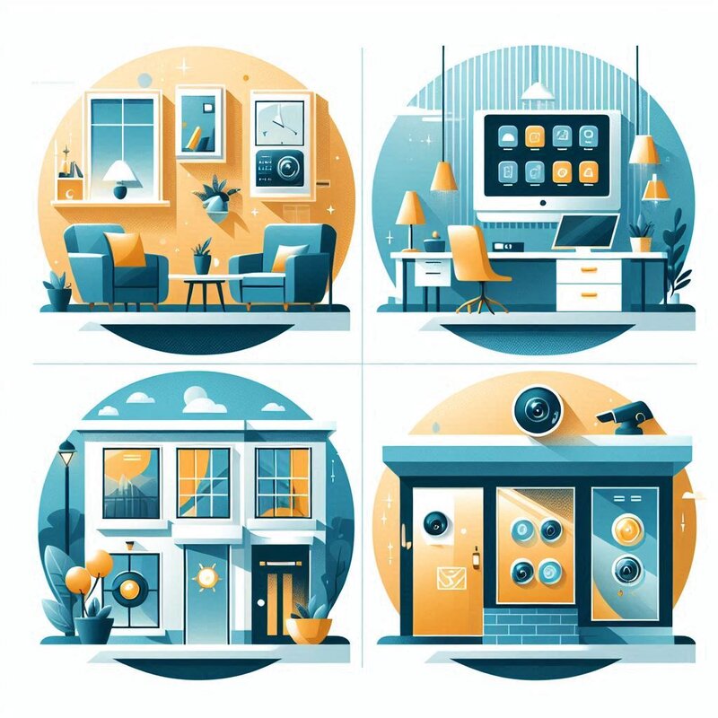 Illustration für „Anwendungsbereiche“, die Wohnzimmer, Büro, Geschäftsräume und Außenbereiche zeigt.