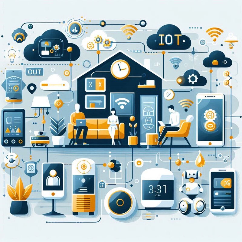 Illustration für „Technologien für Ihr Smart Home oder Gewerbe“, die IoT, smarte Sensoren und automatisierte Abläufe zeigt.
