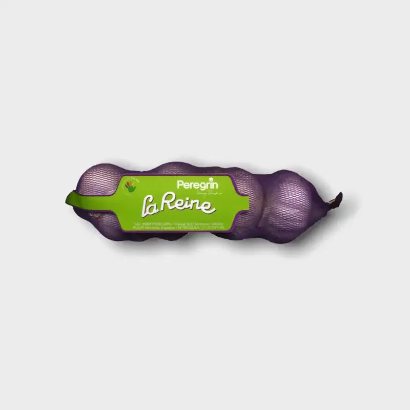 Etiqueta tipo corbata impresa con diseño personalizado, aplicada en una malla de frutas o verduras