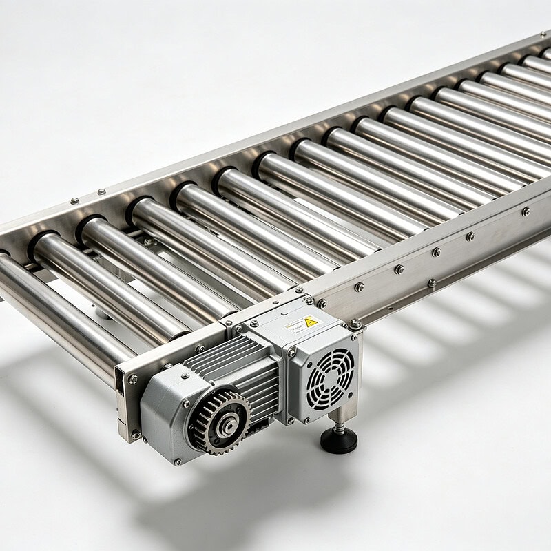 Motorized stainless steel roller conveyor with electric drive motor and gearbox by SunAura Machinery
