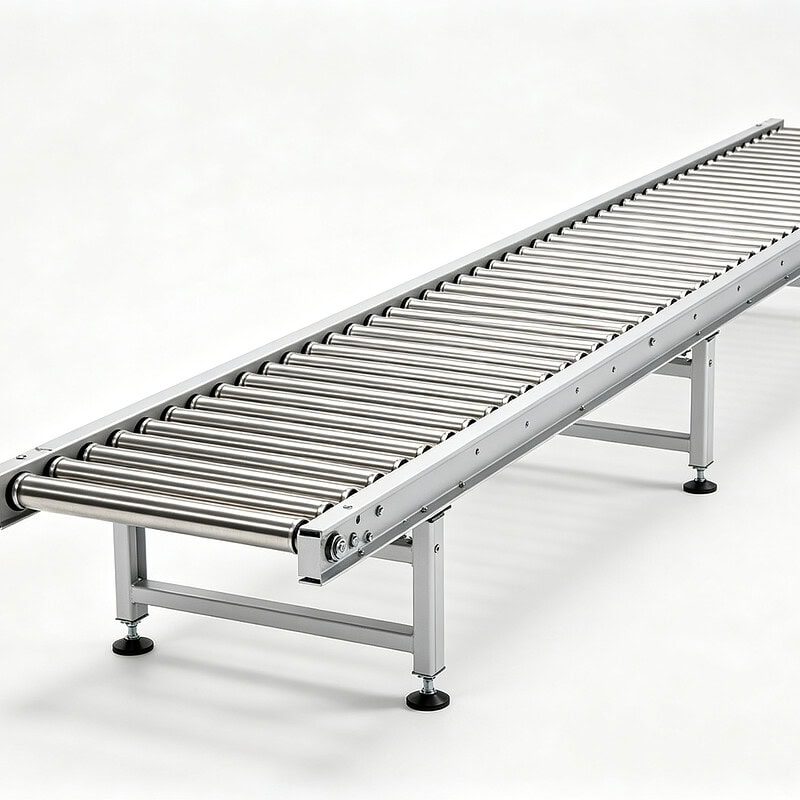Unpowered gravity roller conveyor with galvanized steel rollers on aluminum frame by SunAura Machinery
