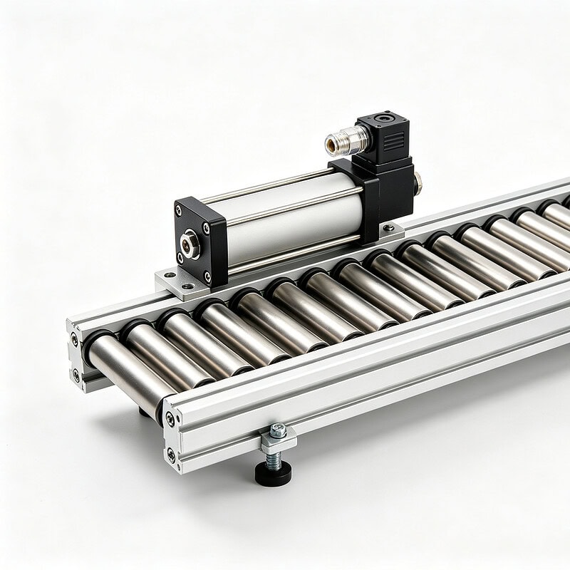 Pneumatic push roller conveyor with side diverting cylinder on roller line by SunAura Machinery