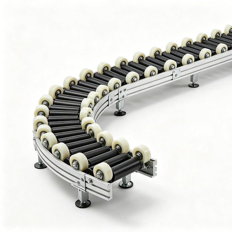 Flexible expandable skate wheel conveyor with ABS plastic wheels forming curves by SunAura Machinery
