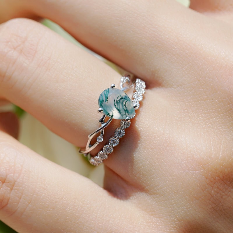 Twig Engagement Ring In Pear Cut Moss Agate - Ember - Image 4