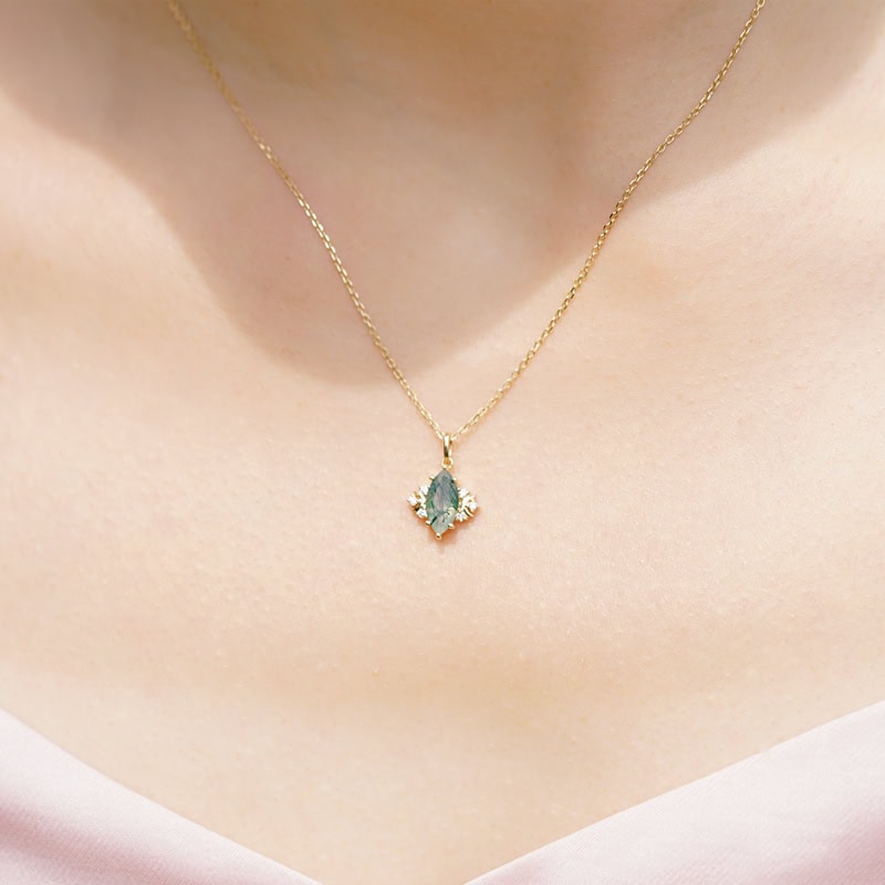 Crescent Moon Marquise Cut Moss Agate Necklace -  Spring - Image 4