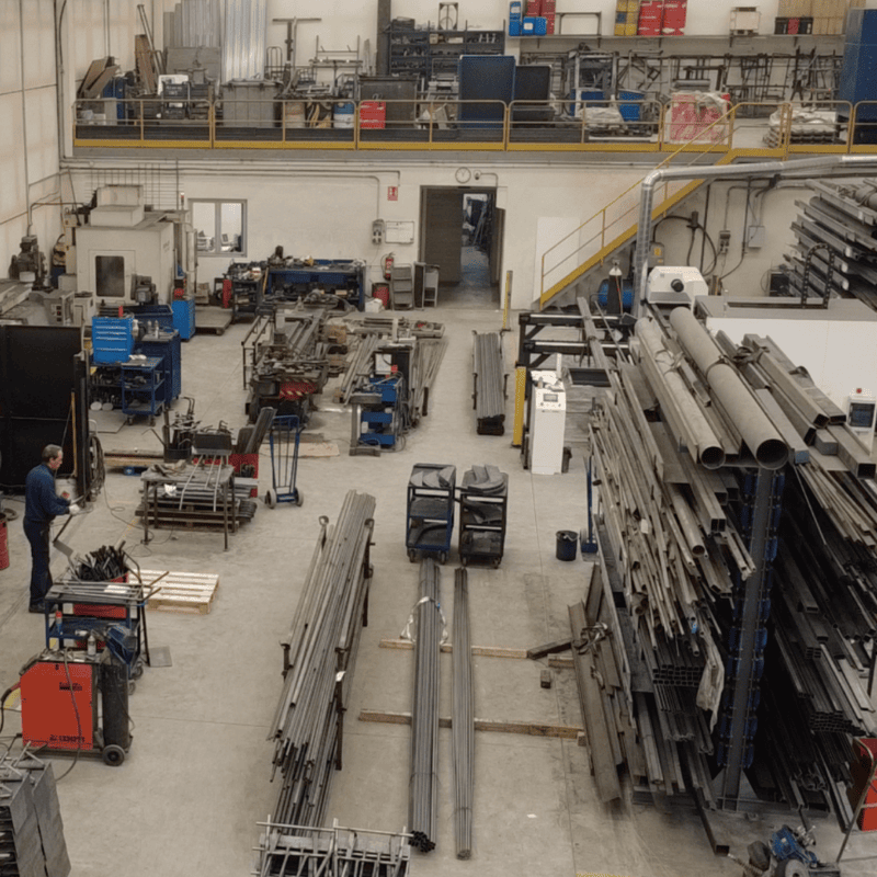Interior de la nave de Talleres Jesús Valero con perfiles, tubos y puestos de soldadura